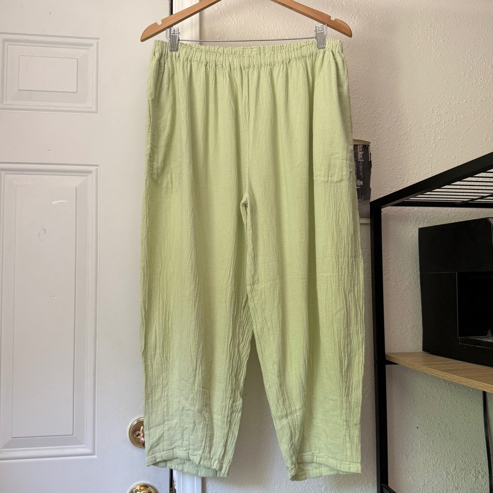 Oh My Gauze Light Green Cotton Gauze Wide Barrel Leg Pull On Cropped Pants